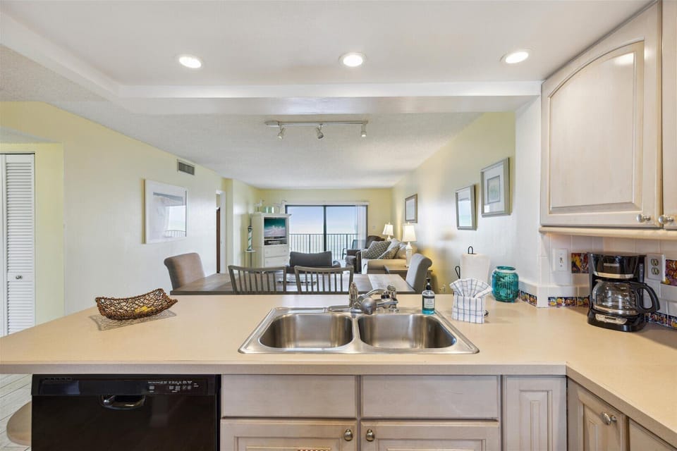 Kitchen with an ocean view