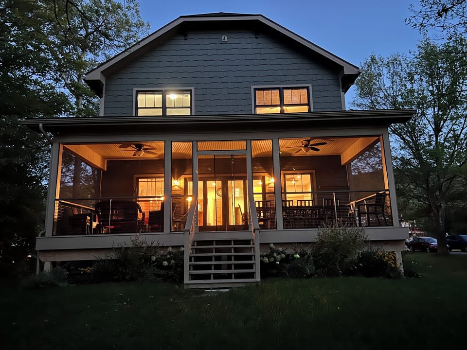 The porch overlooking the "Queen of American Lakes."