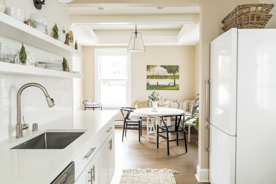 Renovated Kitchen open to Dining Room.