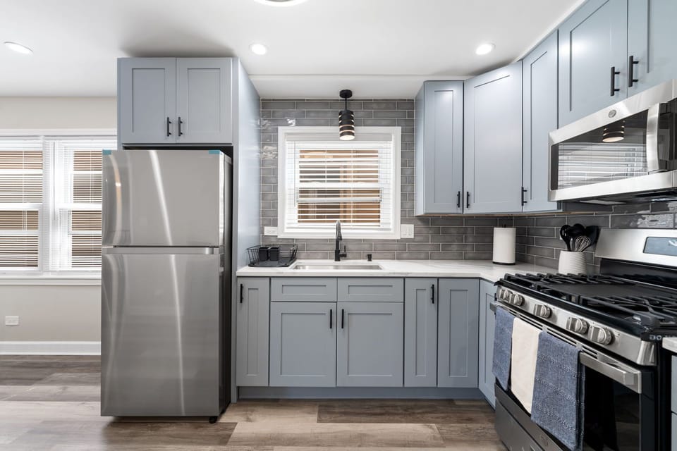 A bright kitchen setup designed for both quick bites and shared meals.