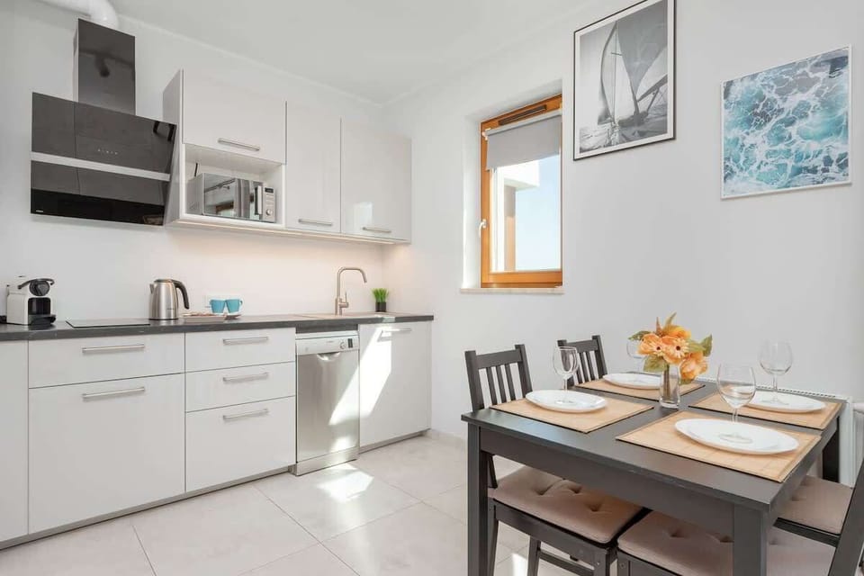 Kitchenette with an oven.