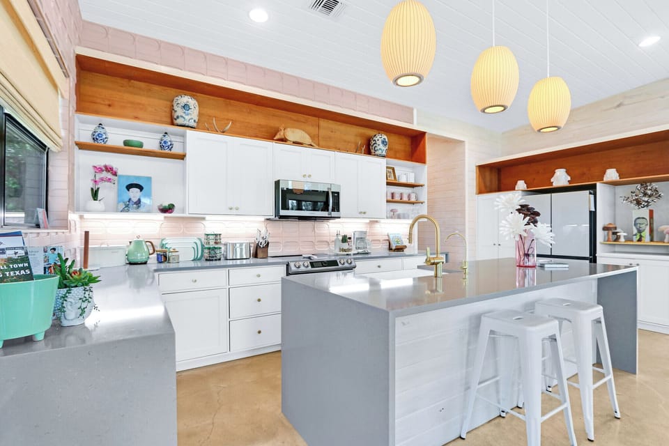 The kitchen is adjacent to the living room of the Blue Yodel