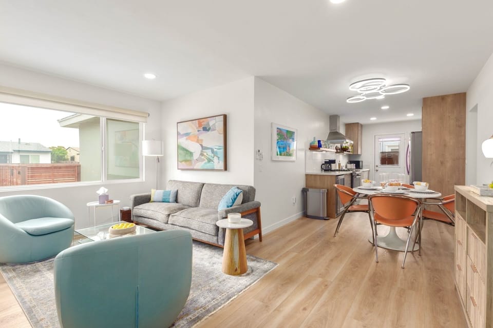 View of living room and dining room/kitchen