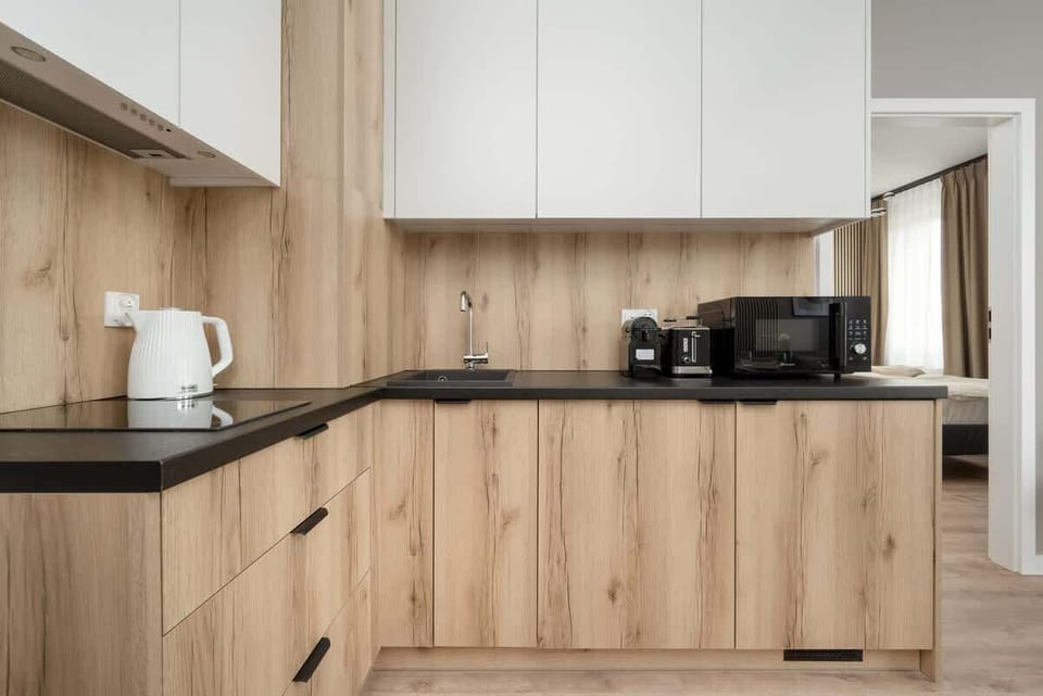 Kitchenette with a microwave.