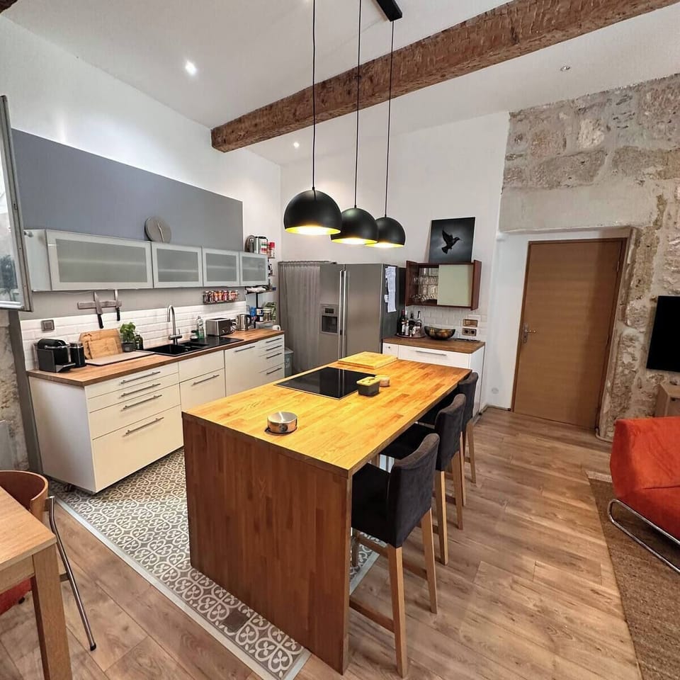 modern kitchen with American fridge