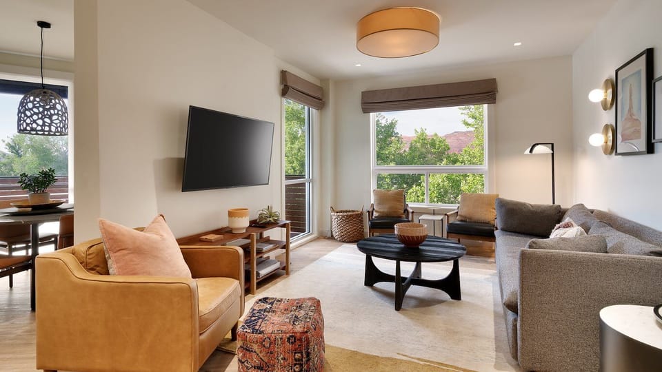 Gather in the airy lounge with big-screen entertainment and sunlight.