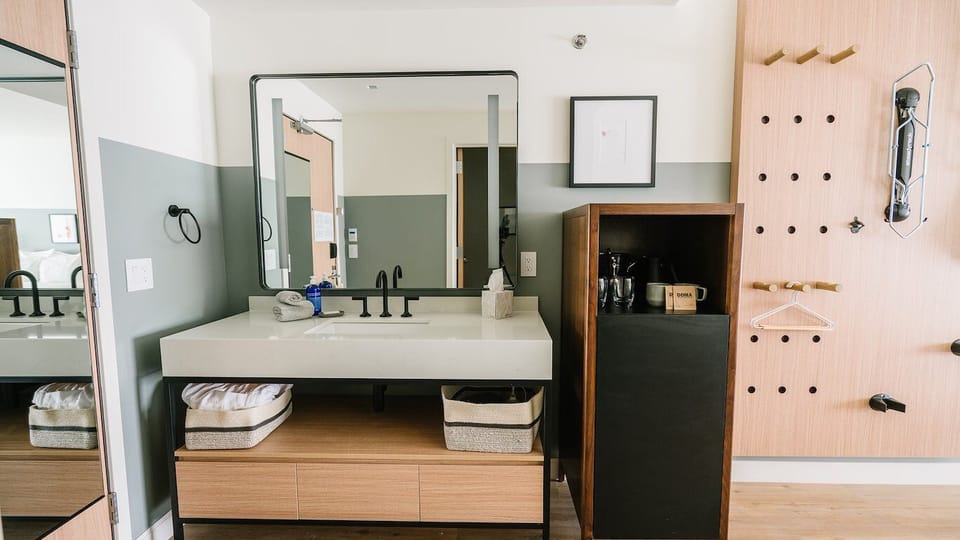 Get organized with handy hooks, storage, and coffee station.