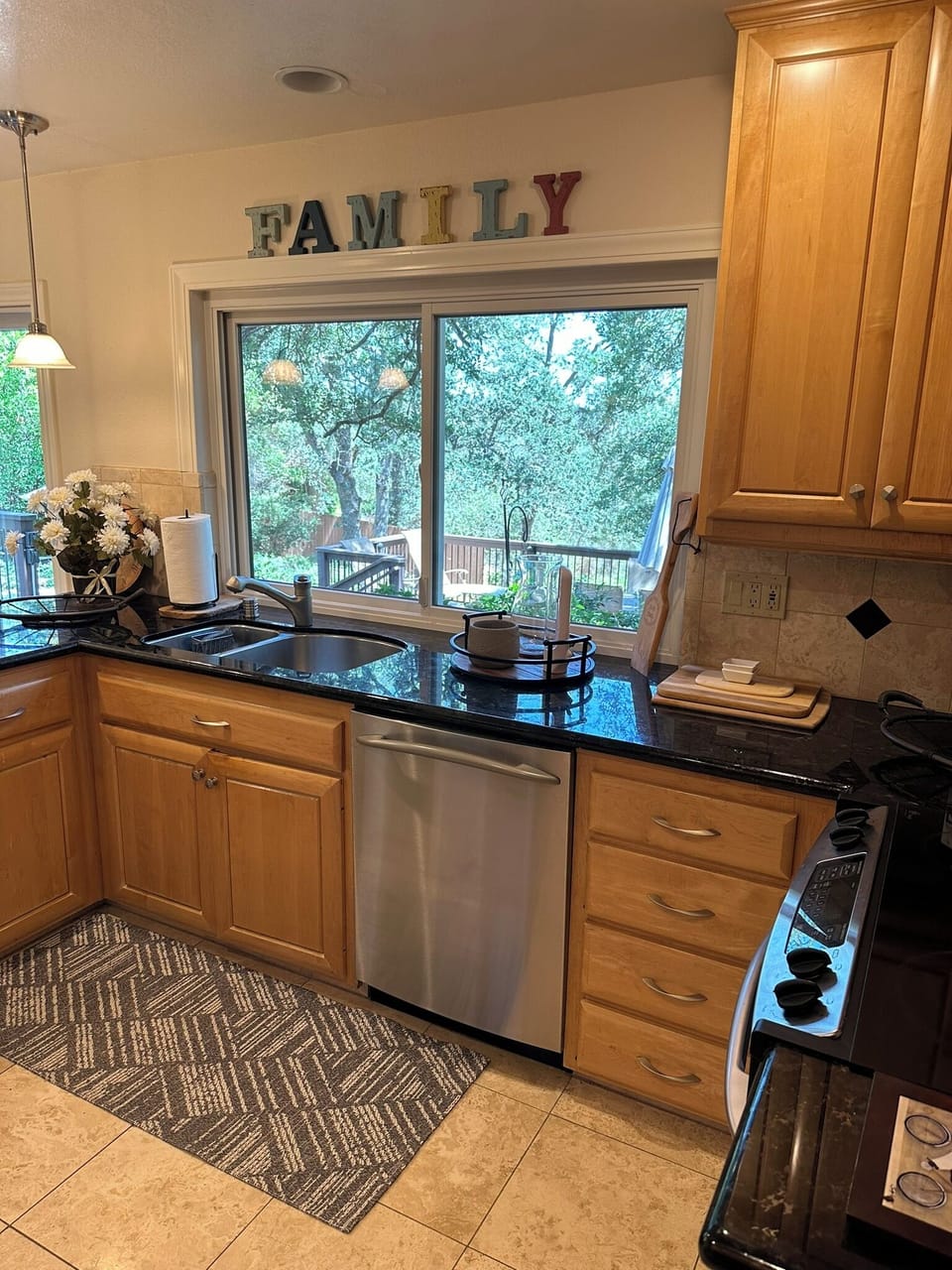 Kitchen with a double sink and beautiful over the patio and nature area