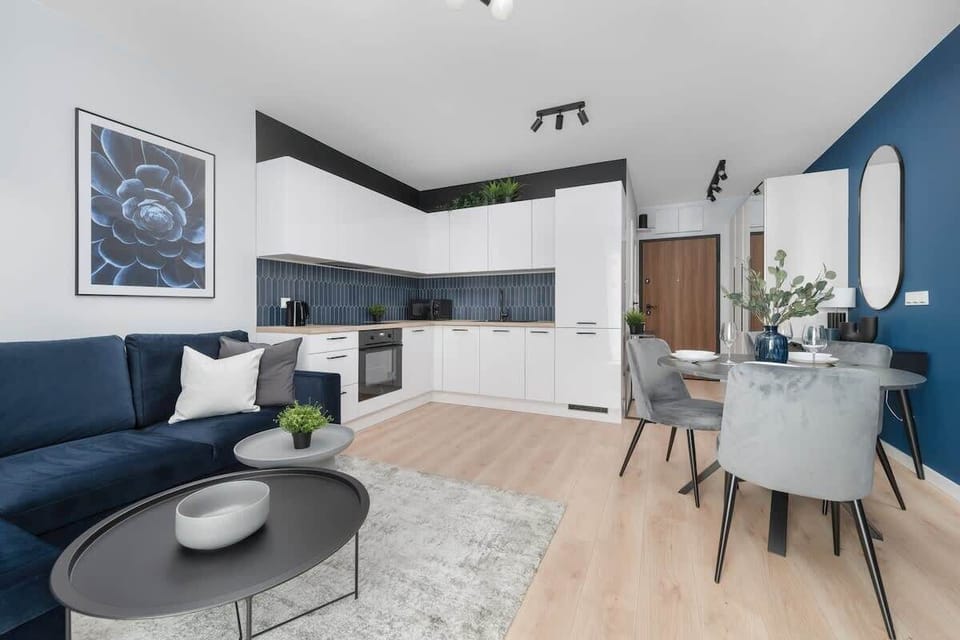 A studio living area with a blue accent wall, sofa, curtains, and natural lighting.