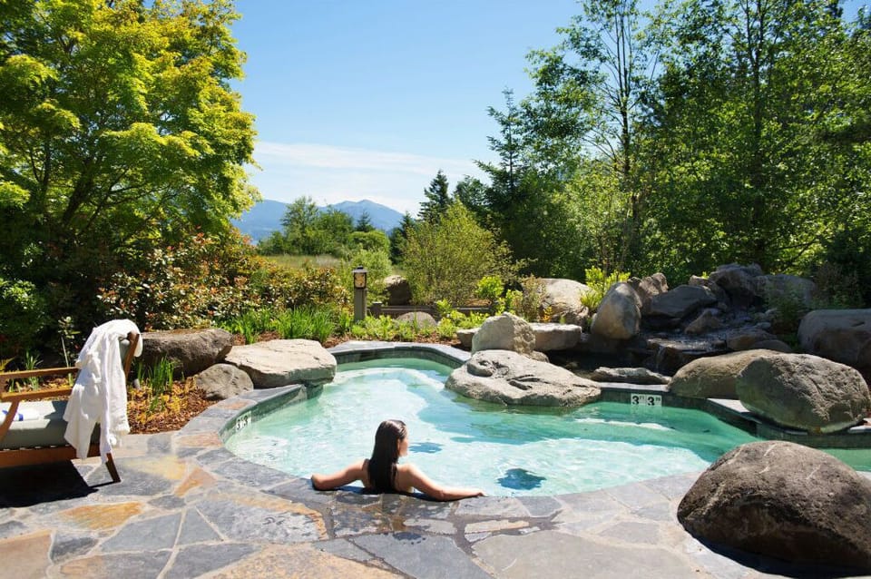 Unwind at the Skamania Lodge outdoor spa, surrounded by nature's beauty.