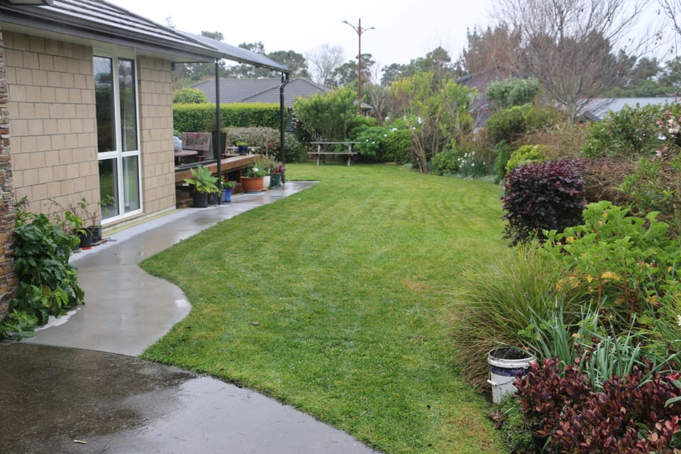 Follow path through established garden to cabin. 