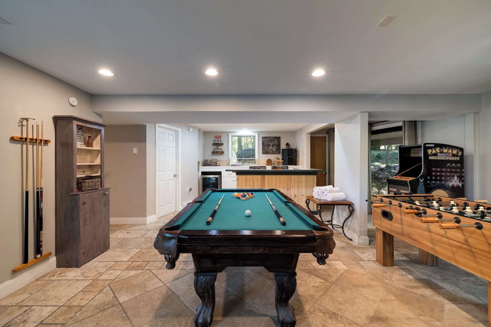 Rack 'em up on the pool table, balls set and cues ready for your first game.