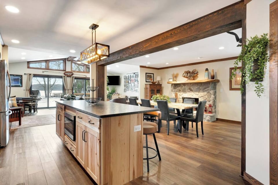Open living, kitchen, and dining space