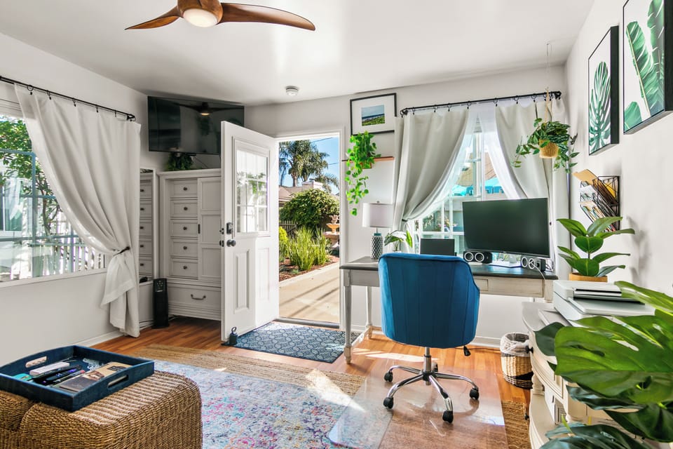 Large screen monitor for remote work, TV for entertainment and back yard views.