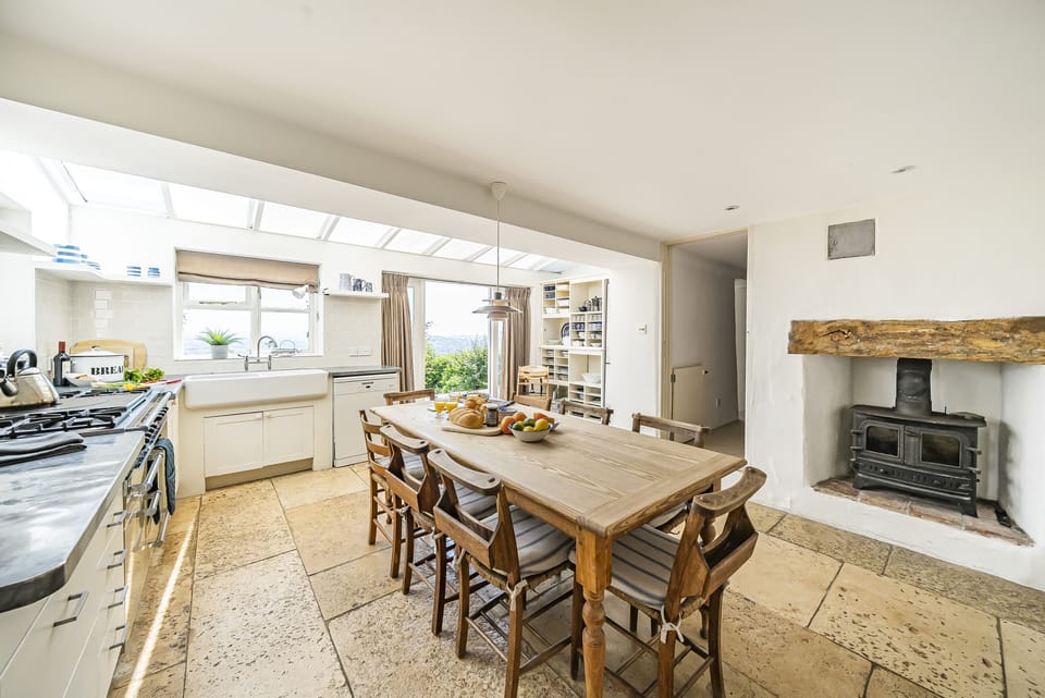 Nash Cottage, Marshwood, Bridport: The kitchen has a wood burning stove