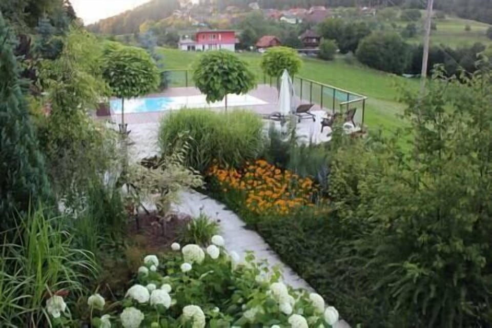 Garden and walkway leading to pool. 