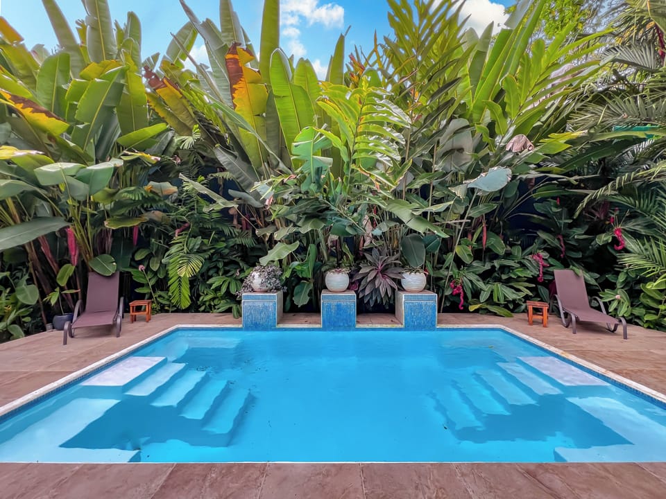 Three fountains provide a restful water sound 