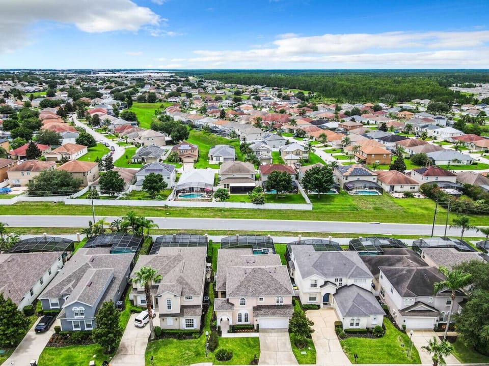 Panoramic aerial view capturing the charm of our vibrant neighborhood.