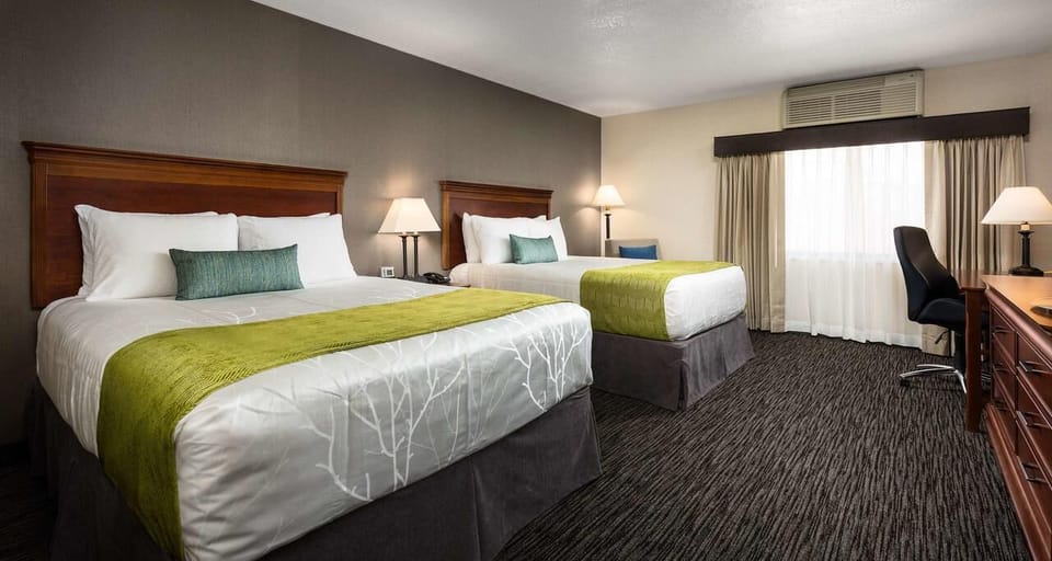 Sink into plush queen beds in a calm, spacious room.
