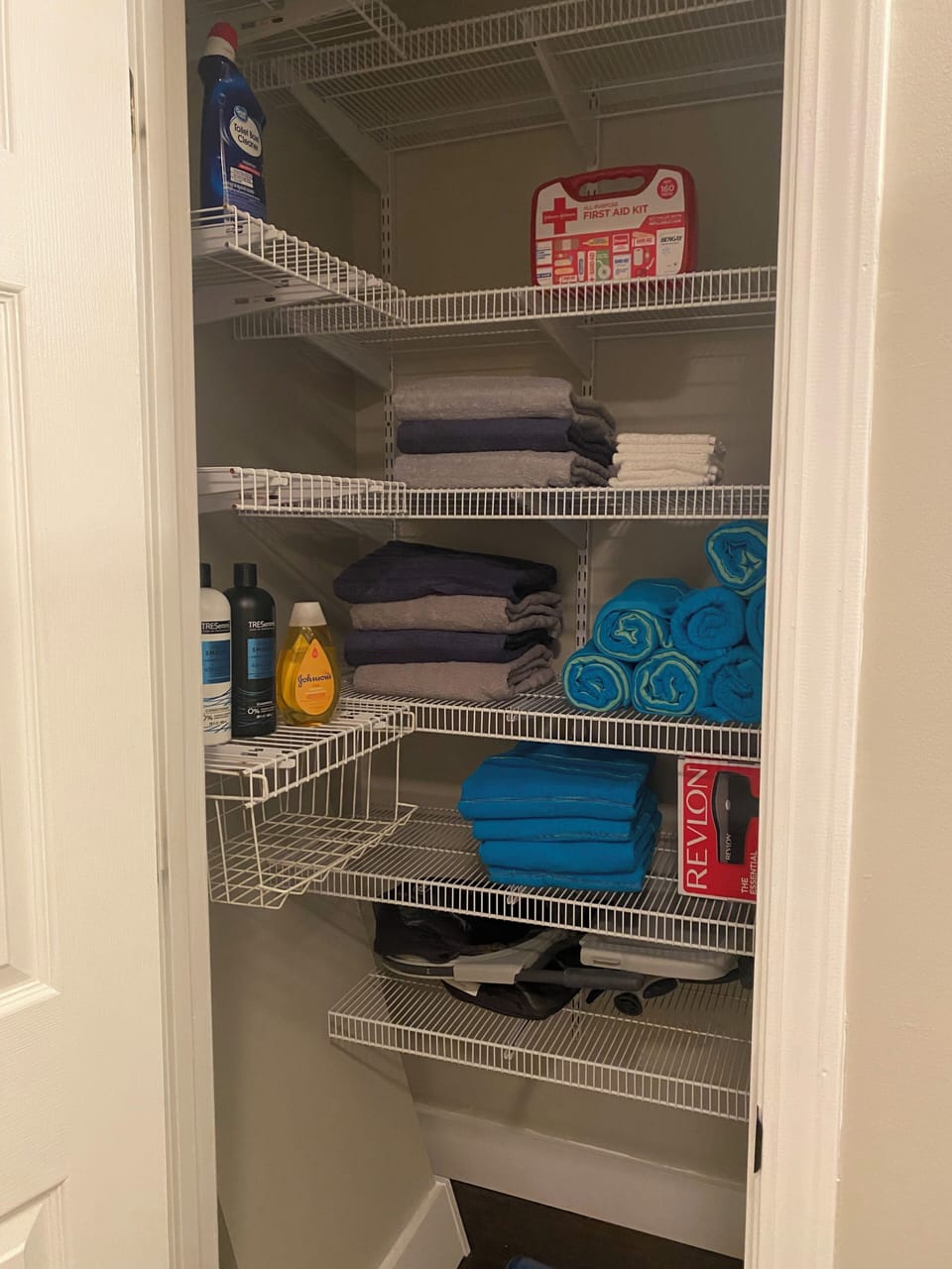 Bath & beach towels. Hair dryer, shampoo/conditioner. First aid kit, baby chair