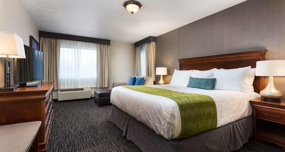 Relax in a sunlit king room with plush pillows and space.