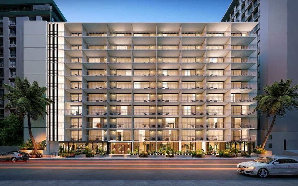 Arrive in style at a sleek, modern resort exterior.