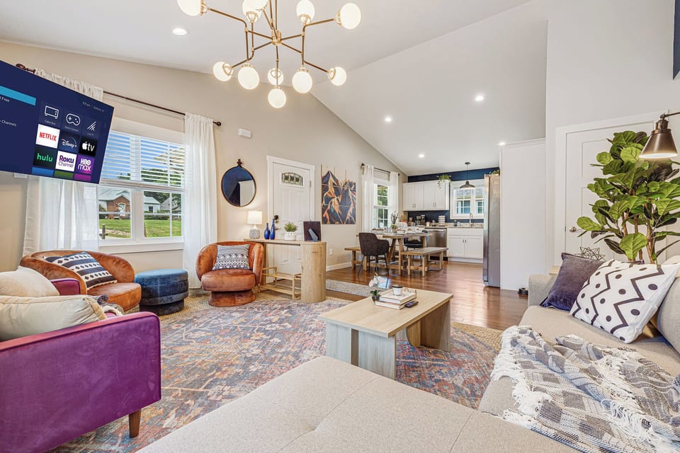 We have an open-concept space, giving you a clear view of our dining and kitchen area.