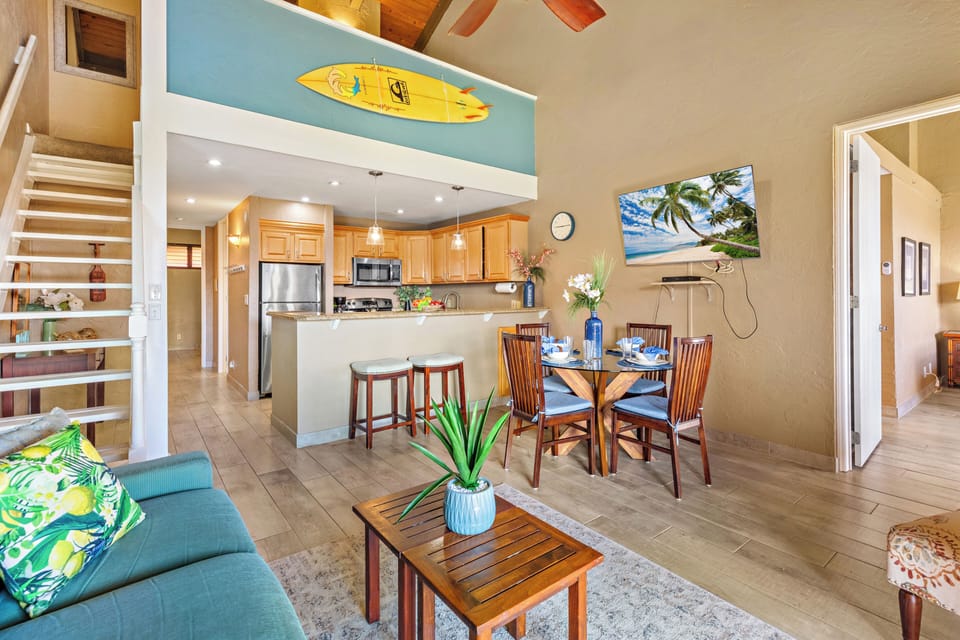 Ceiling fans throughout to help the singular window AC unit in the living room