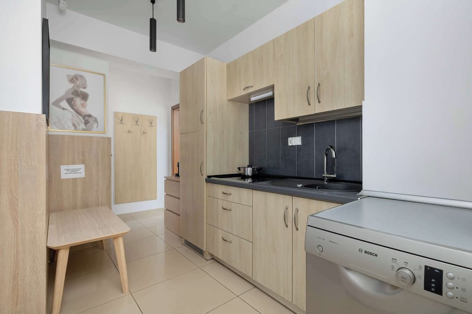 Minimalist kitchen with light wood cabinetry and black countertop.