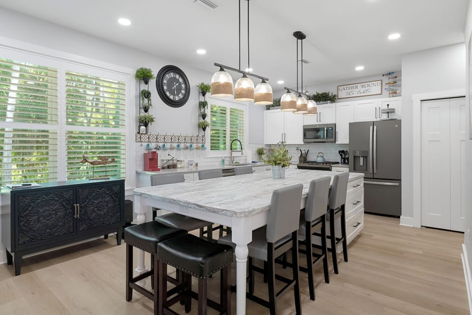The kitchen with its large ding area. Great for family and friends to gather