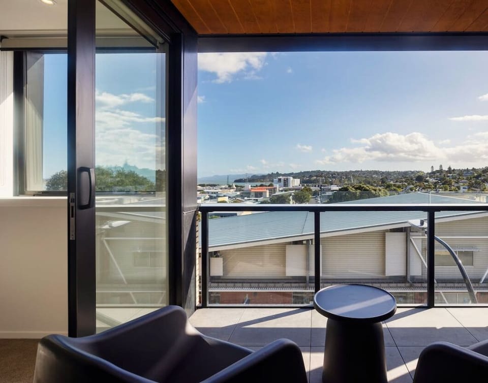 Balcony seating with harbour views