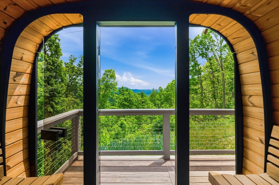 Sauna with glass front and views all the way to Pinnacle Mountain