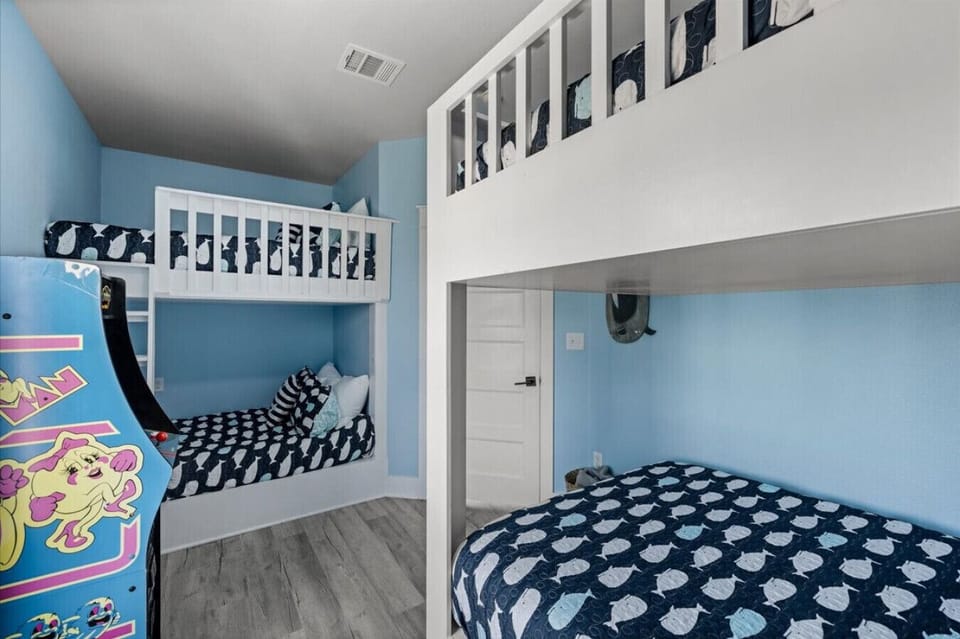 Bunk room sleeps 8.  Includes one Queen over Queen bunk and one Full over Full bunk.
