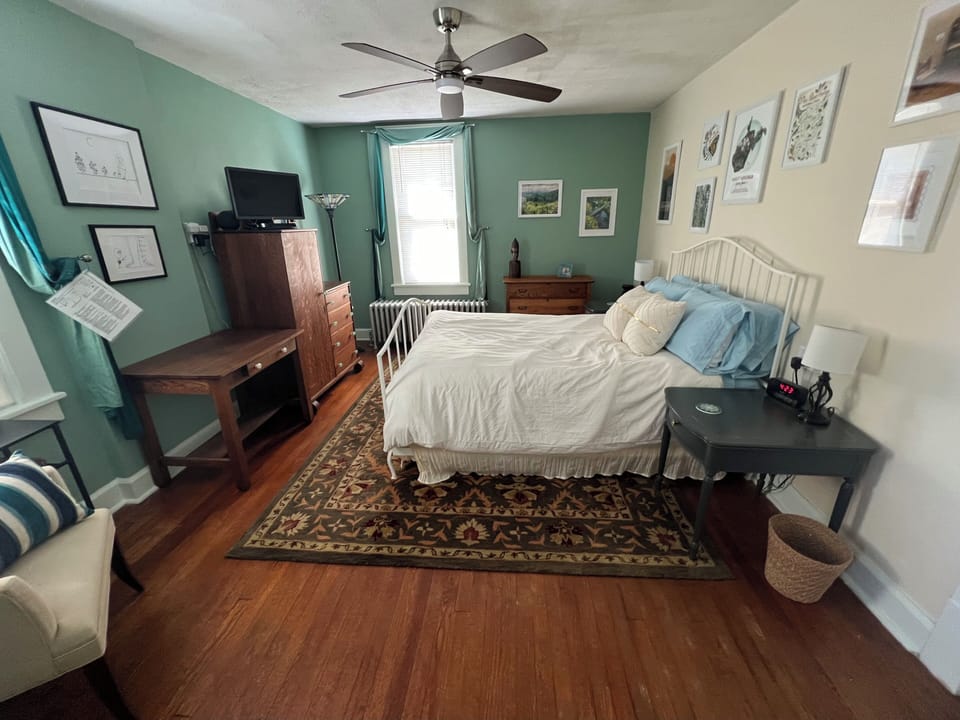 Luxurious bedroom with WV themed local art, TV, queen size bed & cotton sheets.