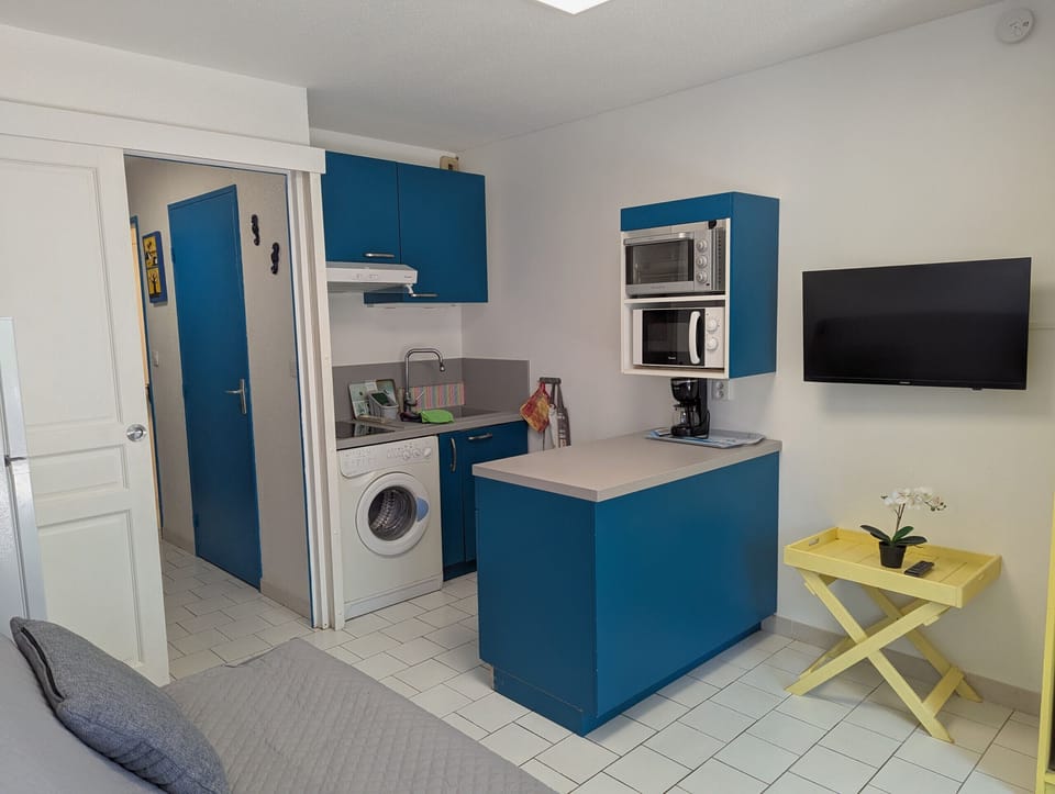 Bright living room with sleeping area equipped with a double sofa bed and kitchen corner 