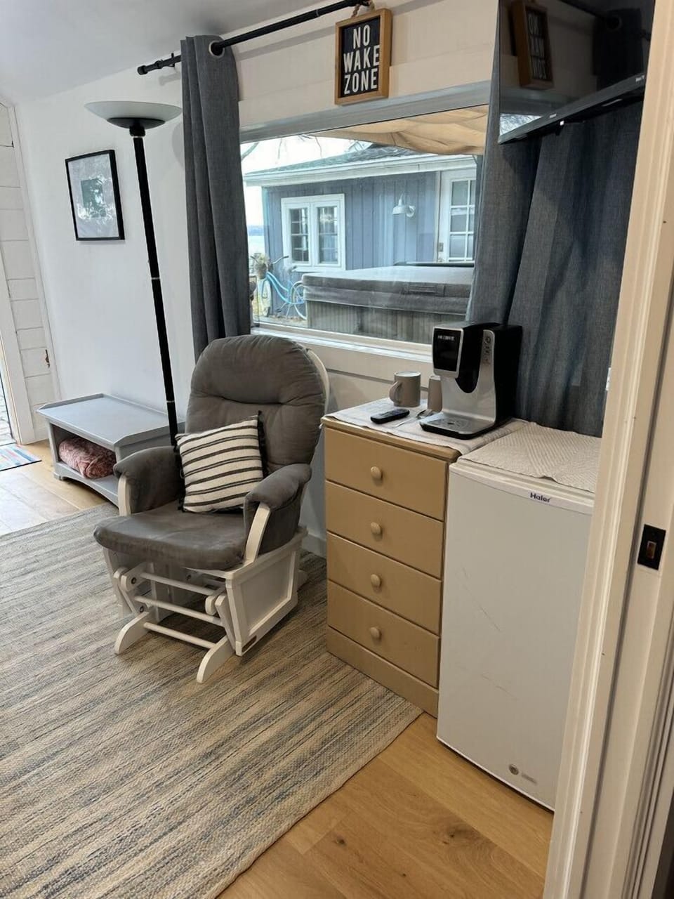 Our bunkhouse is equipped with a mini fridge, Keurig coffee maker and a rocking chair