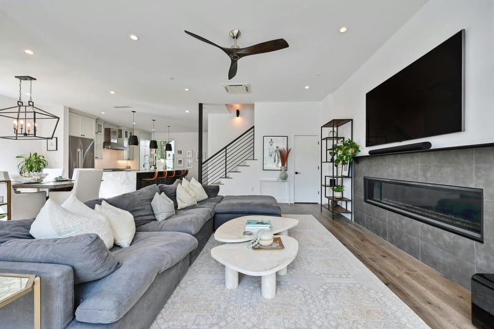 Comfy restoration cloud sectional with large tv