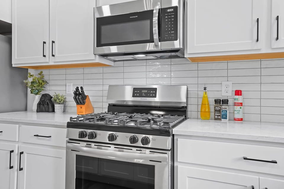 Kitchen with oil, salt, pepper, and cooking spray