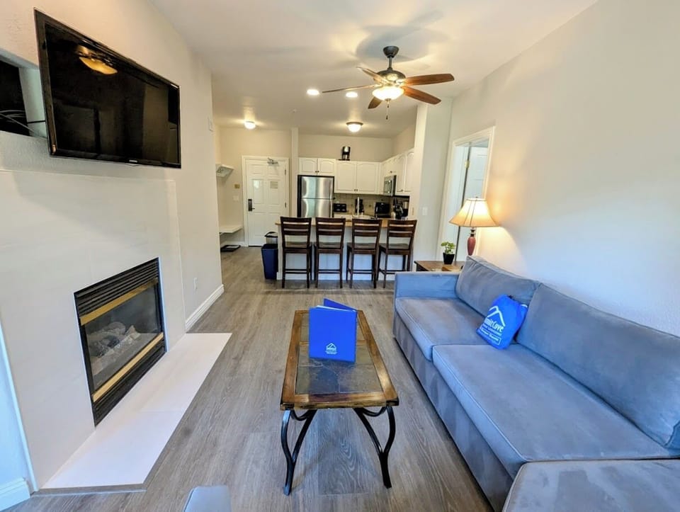 Relax by the gas fireplace on a snowy day