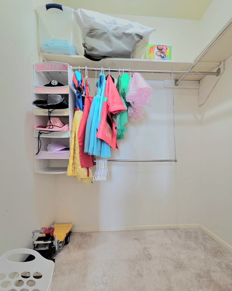 Walk-in closet, dress-up clothes, toy box