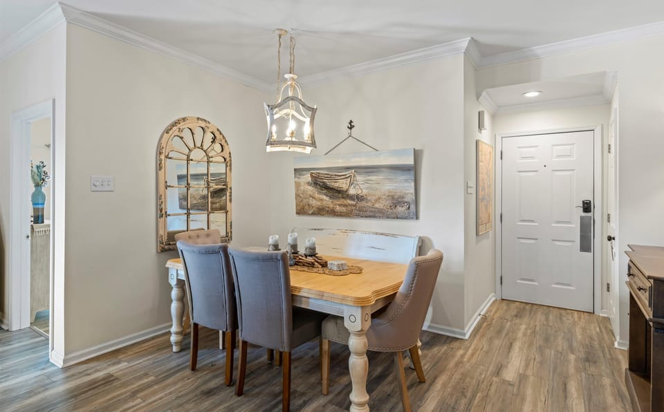 Spacious seating at the dining table for 8 people. 