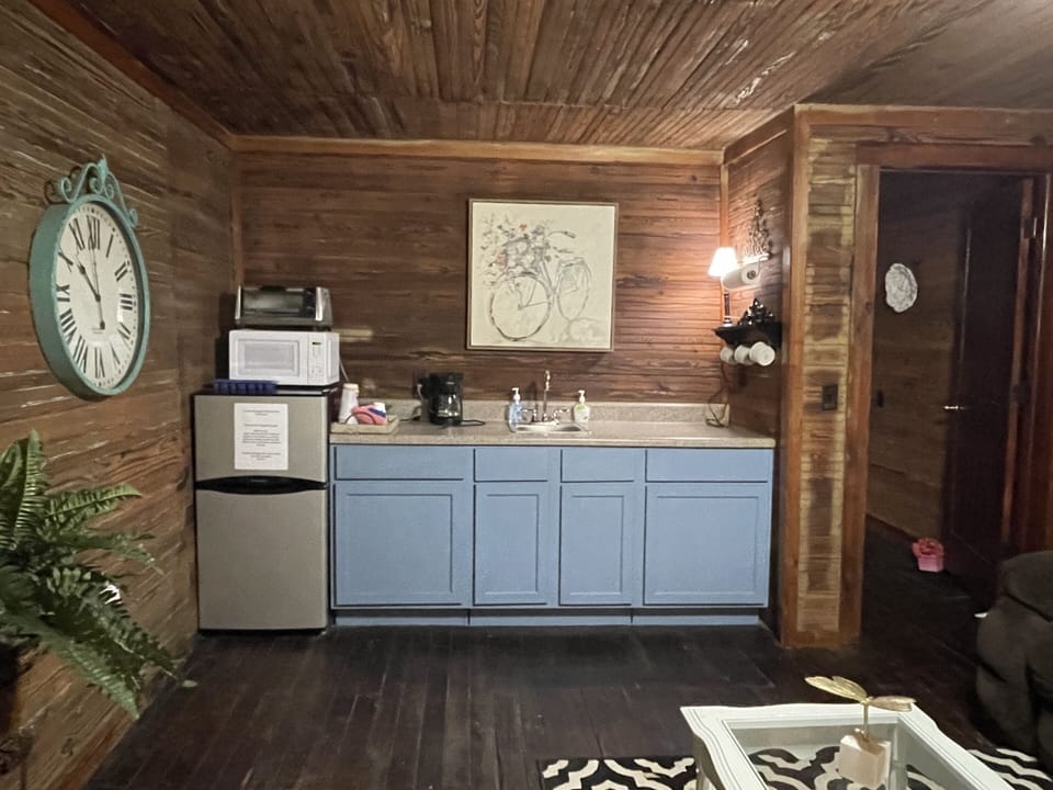 Kitchenette/living room includes microwave, mini fridge, toaster oven & coffee pit