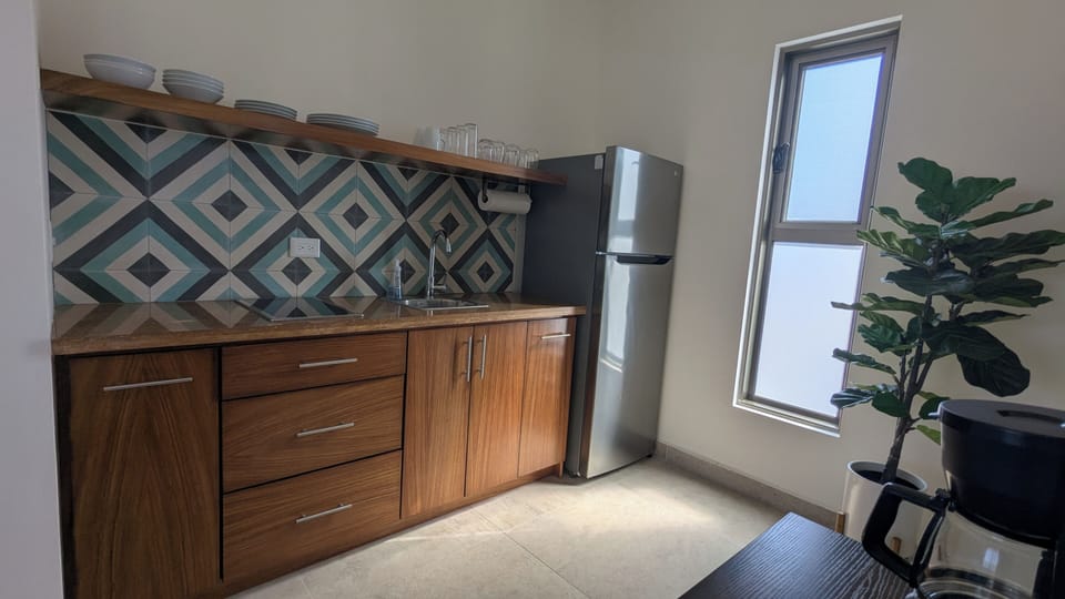 Kitchenette with refrigerator, cooktop, microwave, coffee maker, and cookware.
