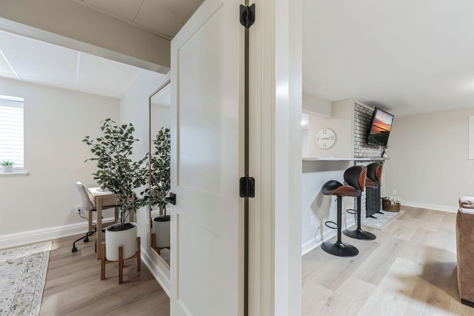 Looking from hallway to bedroom and living area
