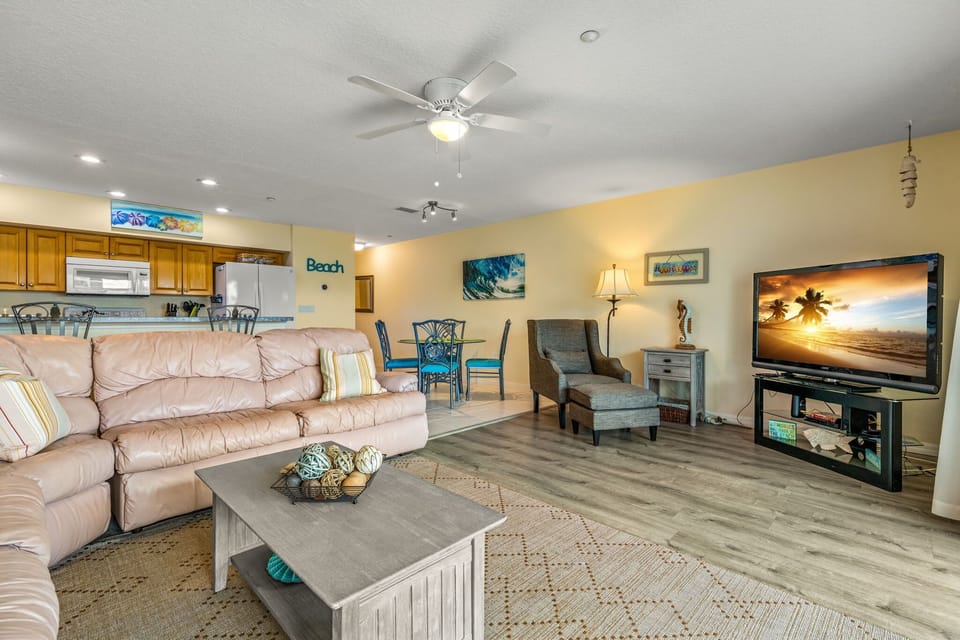 Relax on large leather sofas and enjoy entertainment on the smart TV
