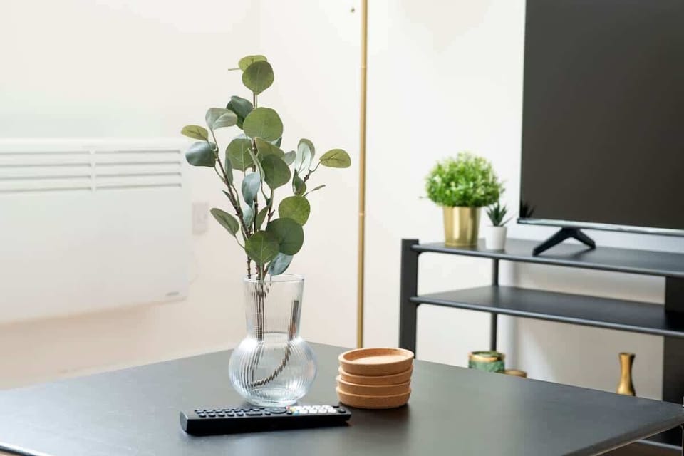 Clean and calming — a relaxing living room featuring a versatile sofa bed and a smart TV, perfect for lounging or an extra cozy sleep space.