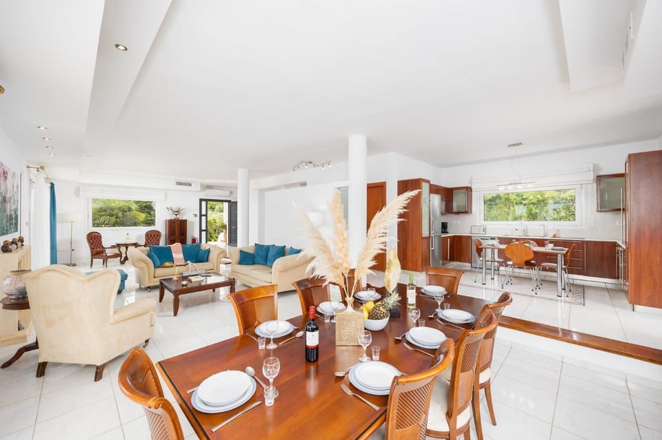 Open-plan living room on first floor with sofas, dining area, kitchen, ornamental fireplace, A/C, and WiFi internet