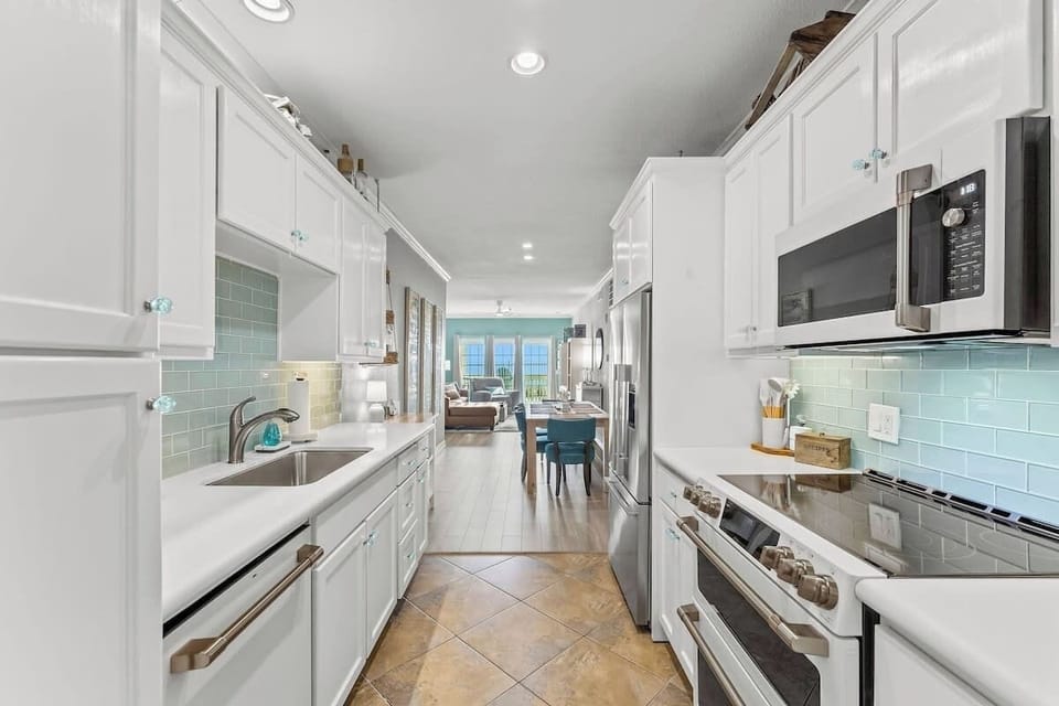 The high-end kitchen showcases new professional Cafe' appliances...