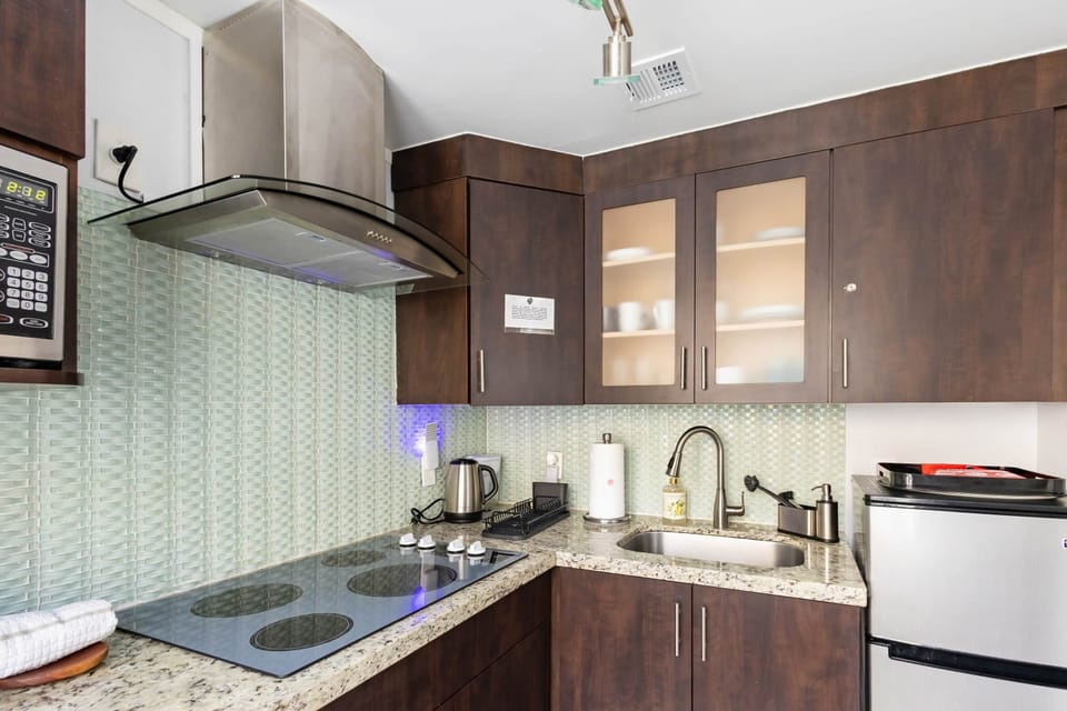 full kitchen, fridge stove and microwave