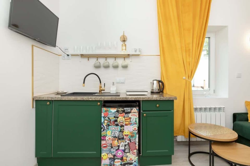 Kitchenette with a microwave.